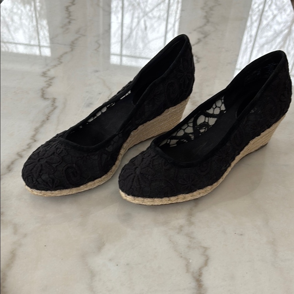 Lands’ End Black Lace Wedge Shoes
